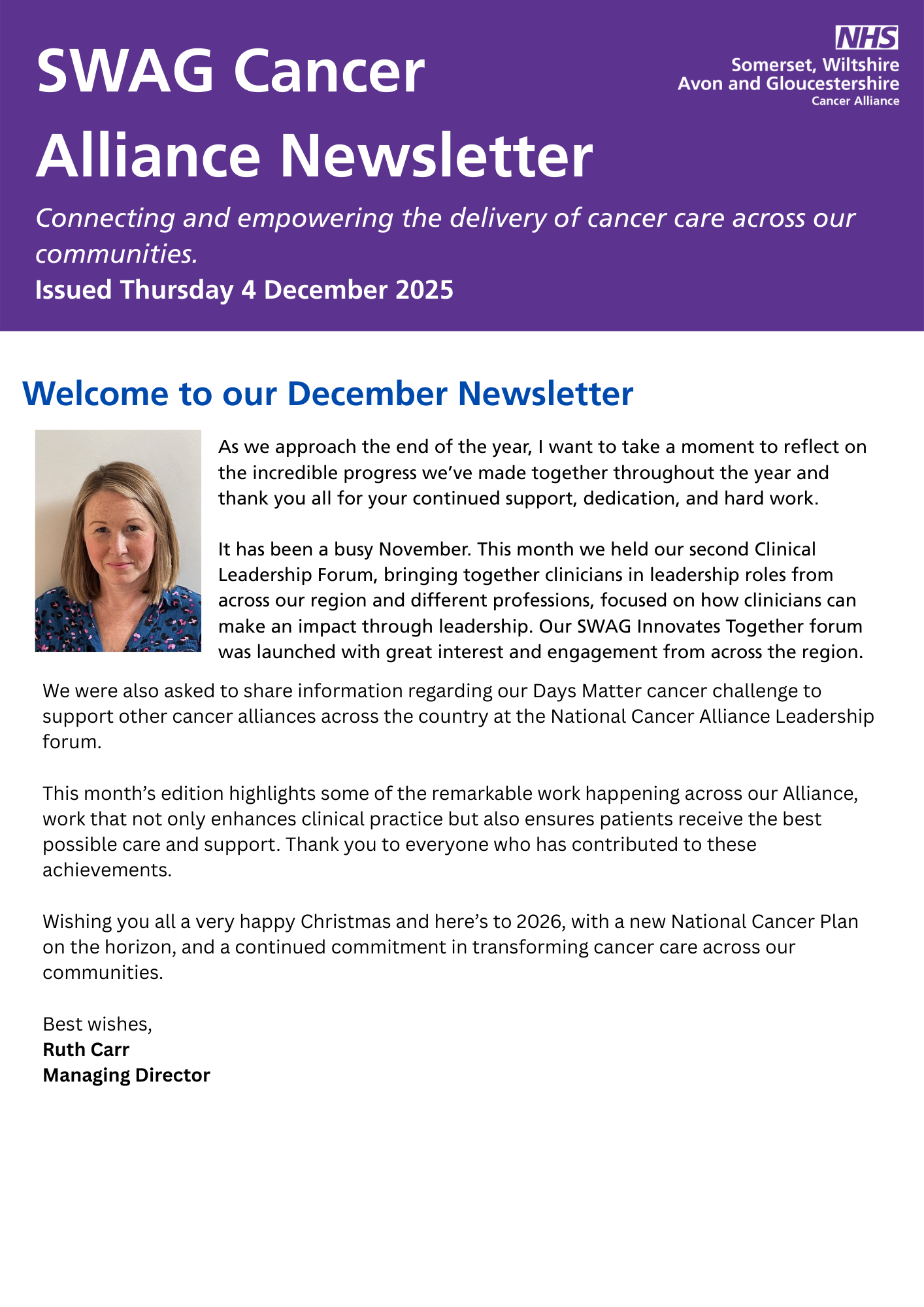 SWAG Cancer Alliance Newsletter December 2025